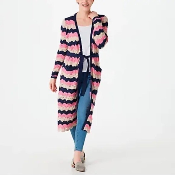 Laurie Felt Pointelle Knit Maxi Cardigan Duster Sweater Navy Pink Tan Size XXS - Picture 4 of 16